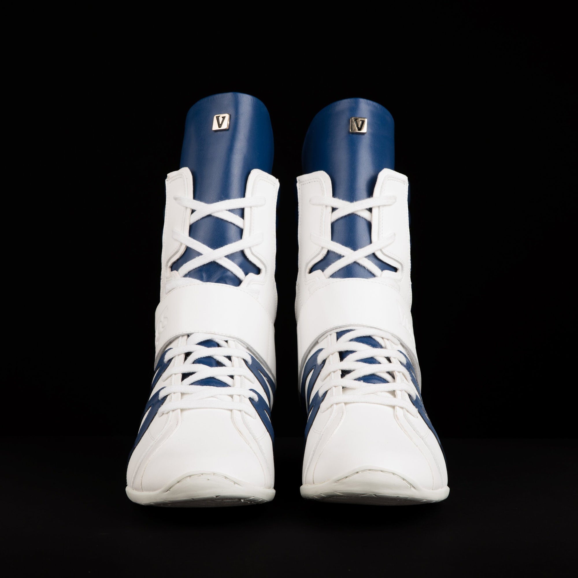 white and blue high top boxing shoes italian design