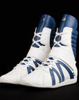 white and blue high top boxing shoes
