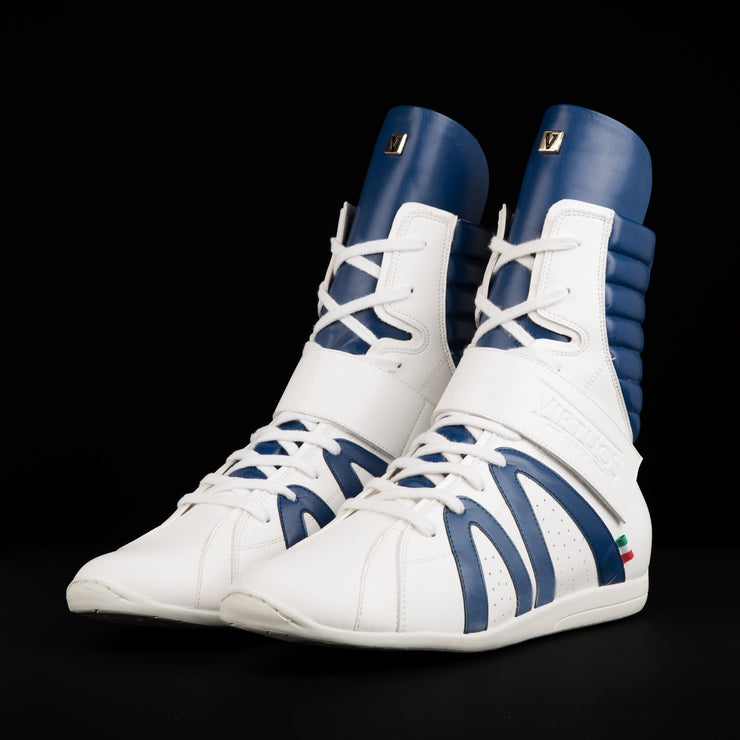 white and blue high top boxing shoes
