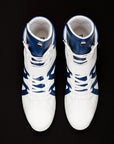 original white and blue high top boxing shoes
