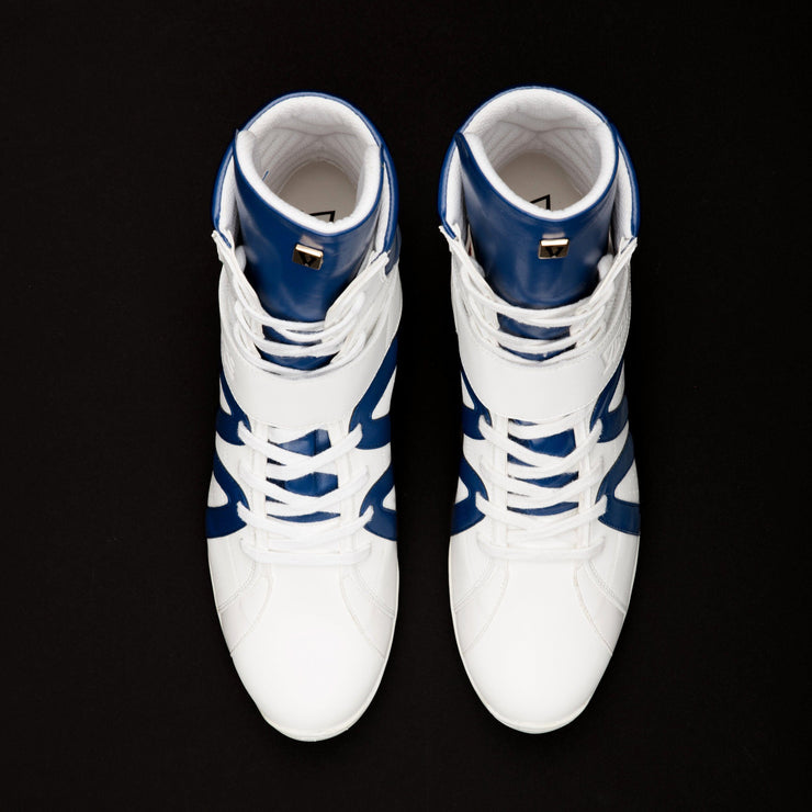 original white and blue high top boxing shoes